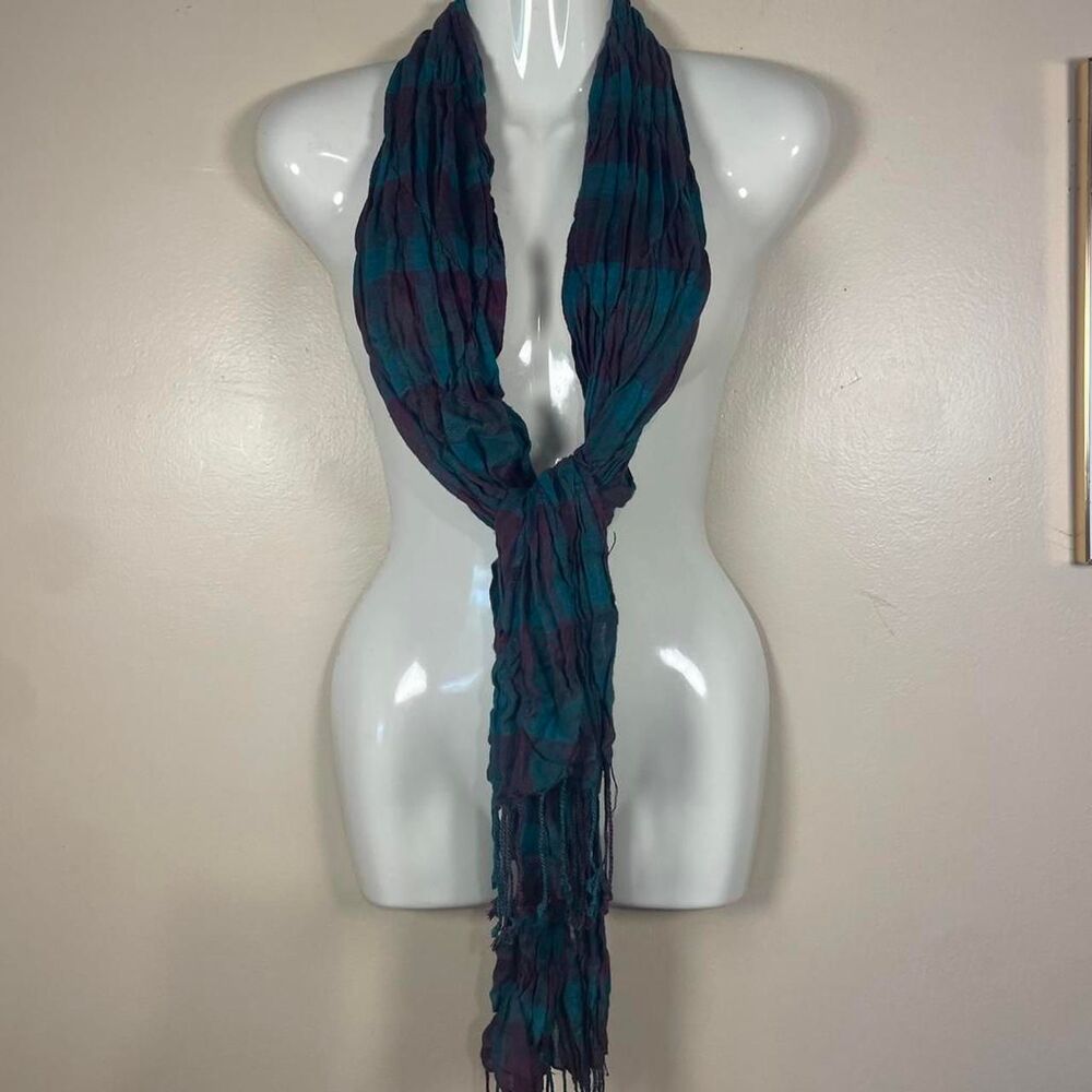 Women's multi-Scarf-wraps blue and purple plaid scarf with fringe